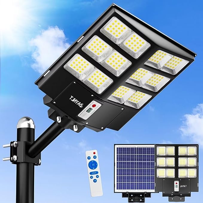 JAYNLT 1500W Solar Street Lights Outdoor, 225000LM 6500K Solar Parking Lot Lights Dusk to Dawn, IP67 Waterproof Solar Security Flood Lights with Motion Sensor for Yard, Garden, Parking Lot