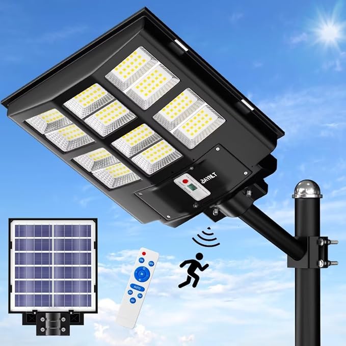JAYNLT 1500W Solar Street Lights Outdoor, 225000LM 6500K Solar Parking Lot Lights Dusk to Dawn, IP67 Waterproof Solar Security Flood Lights with Motion Sensor for Yard, Garden, Parking Lot