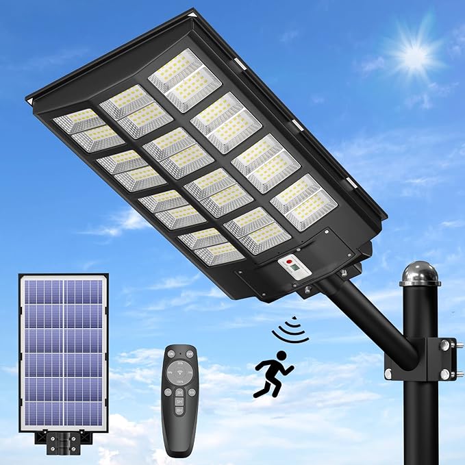 JAYNLT 1500W Solar Street Lights Outdoor, 225000LM 6500K Solar Parking Lot Lights Dusk to Dawn, IP67 Waterproof Solar Security Flood Lights with Motion Sensor for Yard, Garden, Parking Lot