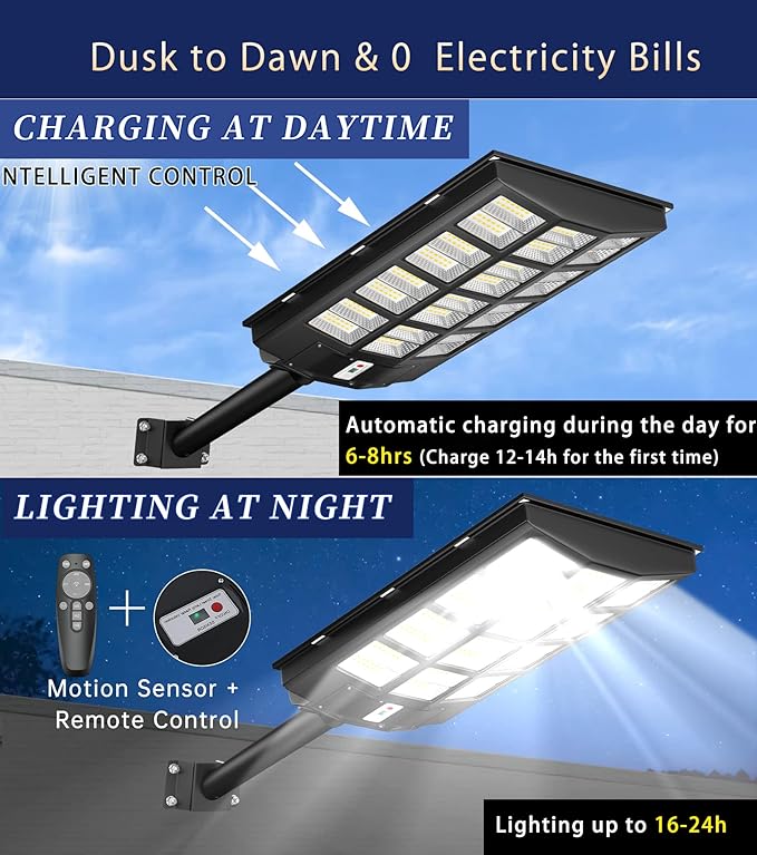 JAYNLT 1500W Solar Street Lights Outdoor, 225000LM 6500K Solar Parking Lot Lights Dusk to Dawn, IP67 Waterproof Solar Security Flood Lights with Motion Sensor for Yard, Garden, Parking Lot