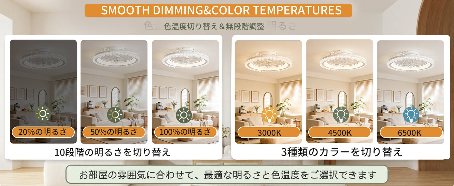 【8～10畳用】JAYNLT シーリングファンライト クリスタル調カットリング付き ファン付きシーリングライト 高 級感 おしゃれ DCモーター 7枚羽根 静音設計 サーキュレーター 正逆回転 無段階調光/調色/風量調整 常夜灯 タイマー メモリ機能 リモコン付き 省エネ 工事不要 ファン付き照明 天井ライト リビング 寝室 ダイニング 適用 (2026年新モデル＆ホワイト)