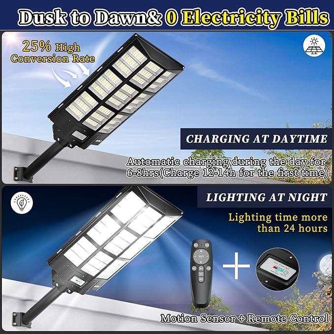 JAYNLT 2000W Solar Street Lights Outdoor, 292000LM 3000K-6500K Dimmable Commercial Parking Lot Lights Dusk to Dawn, Waterproof Solar Security Flood Lights with Motion Sensor or Basketball Court, Road