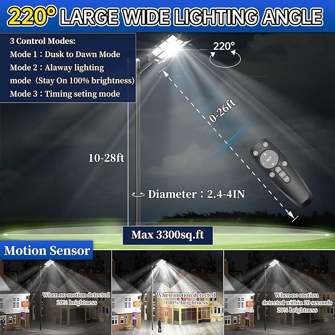 JAYNLT 2000W Solar Street Lights Outdoor, 292000LM 3000K-6500K Dimmable Commercial Parking Lot Lights Dusk to Dawn, Waterproof Solar Security Flood Lights with Motion Sensor or Basketball Court, Road