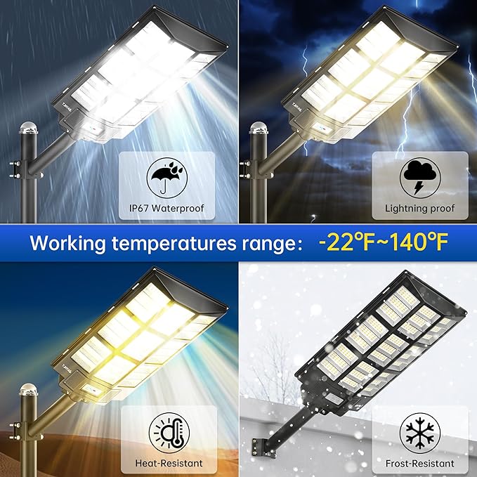 JAYNLT 2000W Solar Street Lights Outdoor, 292000LM 3000K-6500K Dimmable Commercial Parking Lot Lights Dusk to Dawn, Waterproof Solar Security Flood Lights with Motion Sensor or Basketball Court, Road