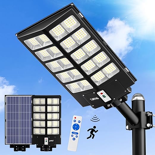 JAYNLT 2500W Solar Street Lights Outdoor, 275000LM 6500K Commercial Parking Lot Lights Dusk to Dawn, Waterproof Solar Security Flood Lights with Motion Sensor and Remote for Yard, Garage, Driveway