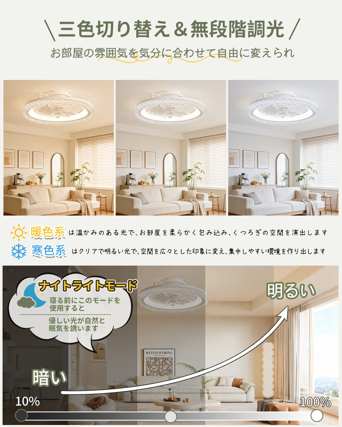 【8～10畳用】JAYNLT シーリングファンライト クリスタル調カットリング付き ファン付きシーリングライト 高 級感 おしゃれ DCモーター 7枚羽根 静音設計 サーキュレーター 正逆回転 無段階調光/調色/風量調整 常夜灯 タイマー メモリ機能 リモコン付き 省エネ 工事不要 ファン付き照明 天井ライト リビング 寝室 ダイニング 適用 (2026年新モデル＆ホワイト)
